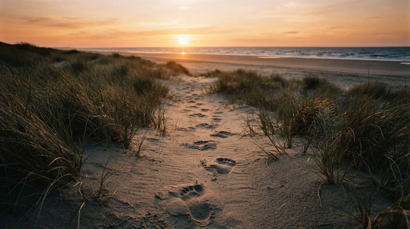 Spuren im Sand führen durch Dünengras auf den Horizont zu, die Sonne steht tief und färbt den Himmel orange.