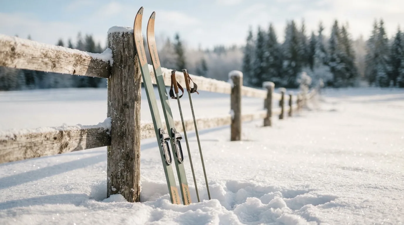 Ein Paar Langlaufskier steckt aufrecht im Schnee neben einem Holzzaun, die Sonne glitzert auf Eiskristallen.
