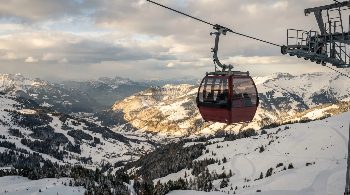 Eine Seilbahnkabine schwebt über einem verschneiten Tal, die Sonne bricht durch die Wolken und beleuchtet die Hänge.
