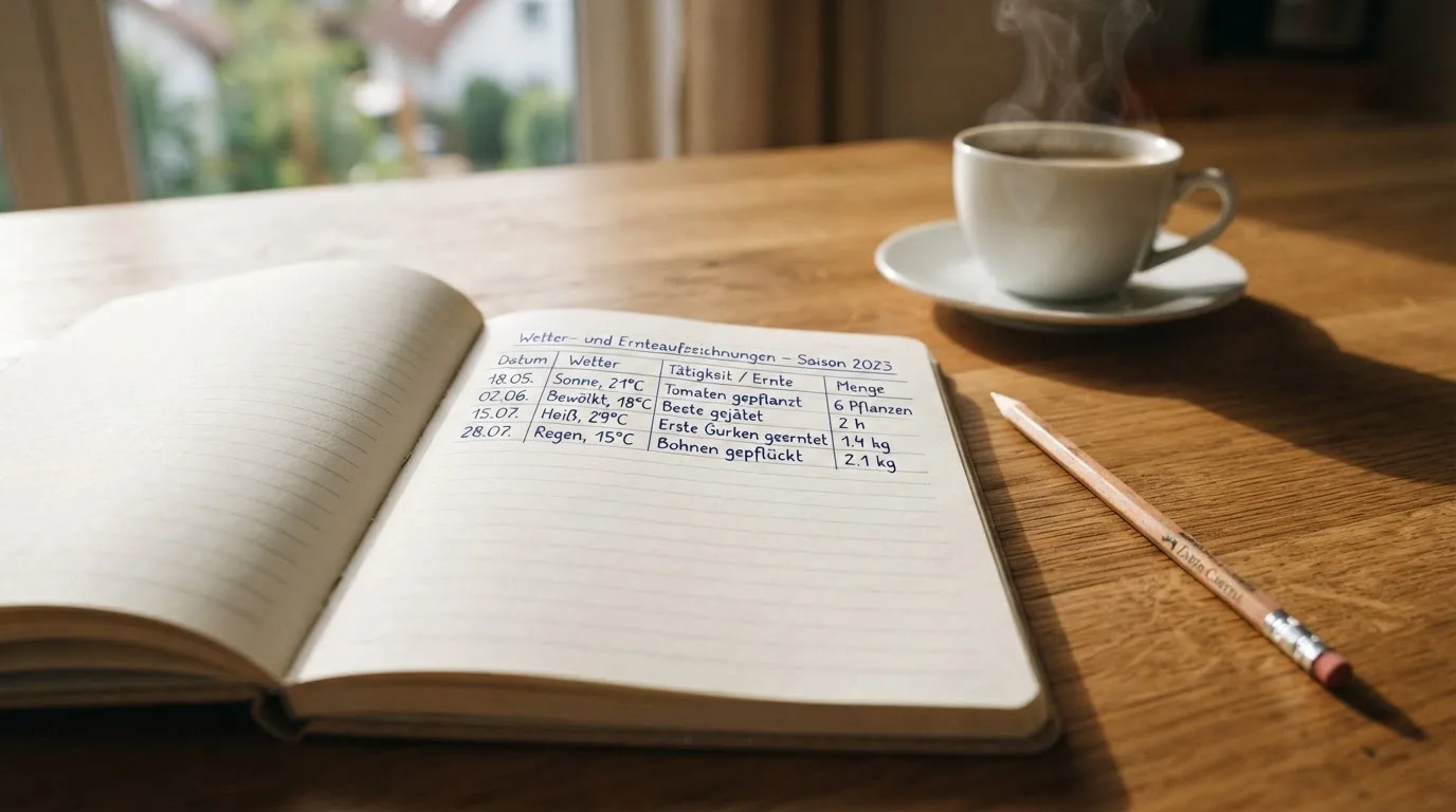 Ein aufgeschlagenes Notizbuch mit handgeschriebenen Spalten und ein Bleistift neben einer Tasse Kaffee auf einem Holztisch am Morgen