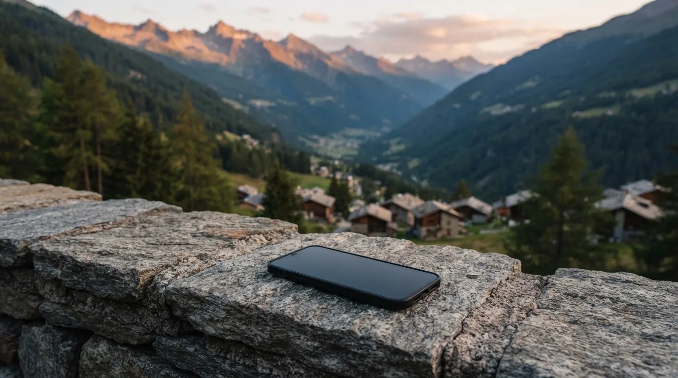 Ein Smartphone mit dunklem Display liegt auf einer Steinmauer, dahinter ein Alpental im Abendlicht
