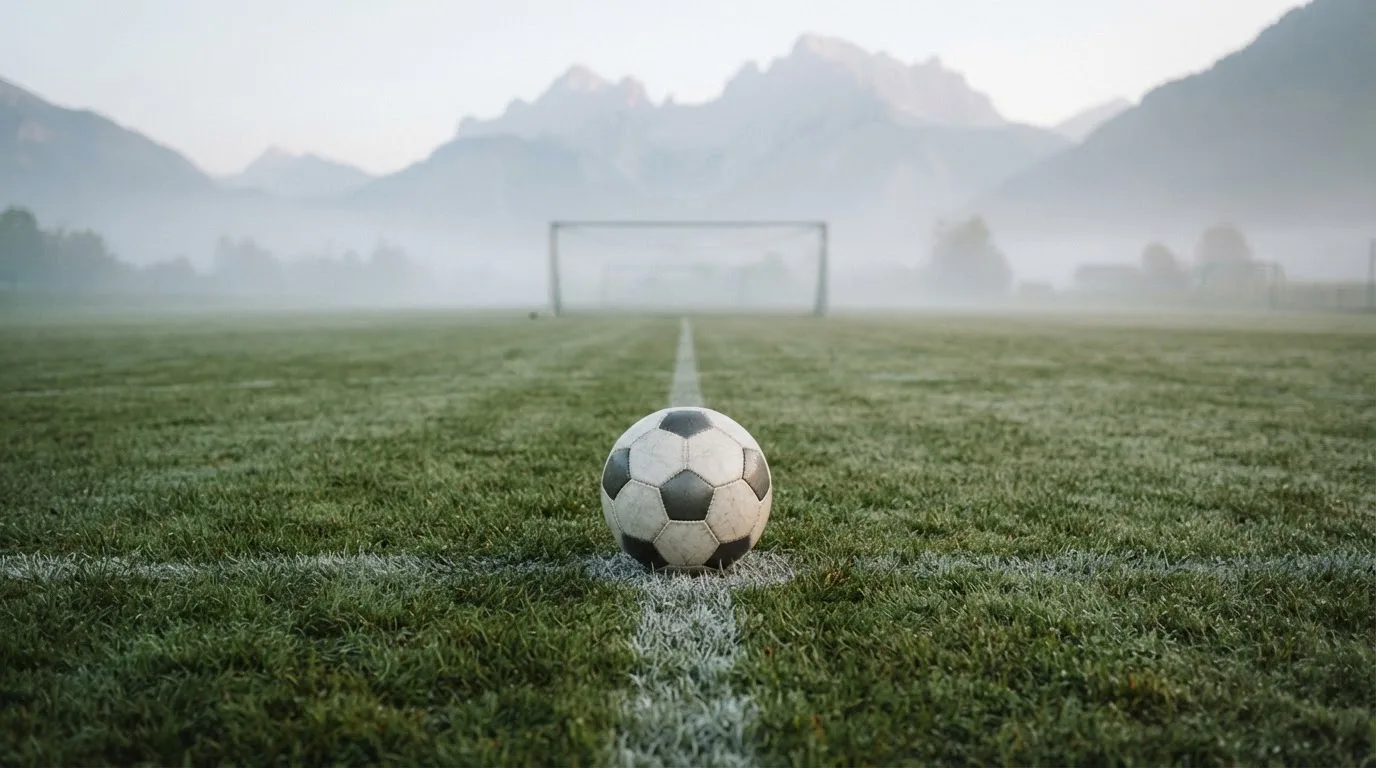 Ein einzelner Fussball auf dem Mittelpunkt eines leeren Rasens im Morgennebel, hinter dem Tor ragen Berge auf