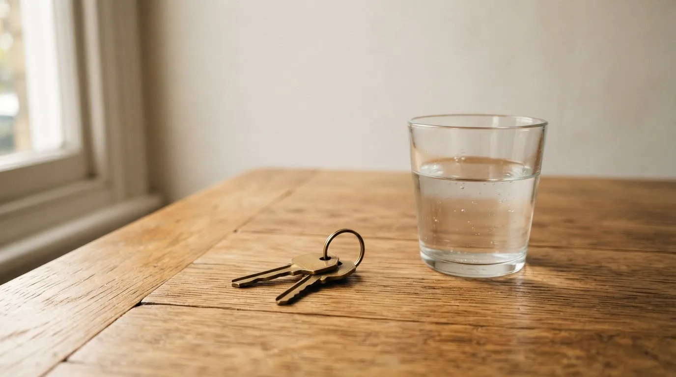 Ein Schlüsselbund und ein Glas Wasser stehen auf einem Holztisch im Licht eines Fensters