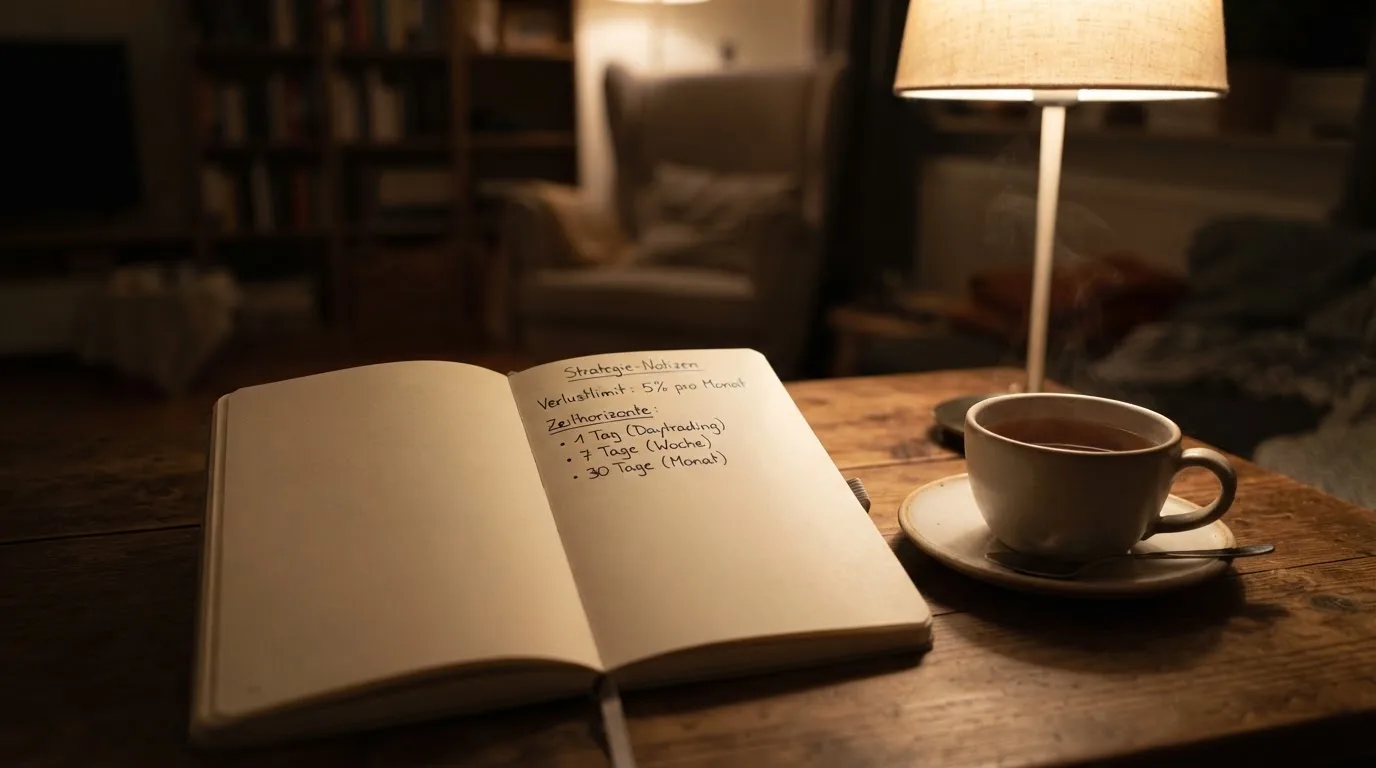 Ein Notizbuch mit handschriftlichen Einträgen und eine Tasse Tee stehen auf einem Tisch neben einer Stehlampe