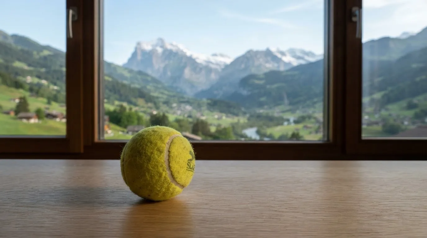 Ein einzelner gelber Tennisball liegt auf einem Holztisch vor einem Fenster mit Alpenblick