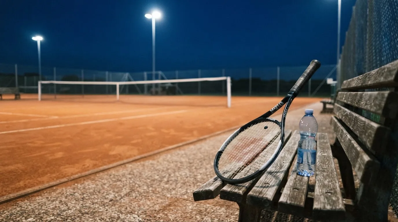 Ein Tennisschläger lehnt an einer Bank neben einer Wasserflasche, am Abend ruht der Platz im Flutlicht, aus der Ferne gesehen