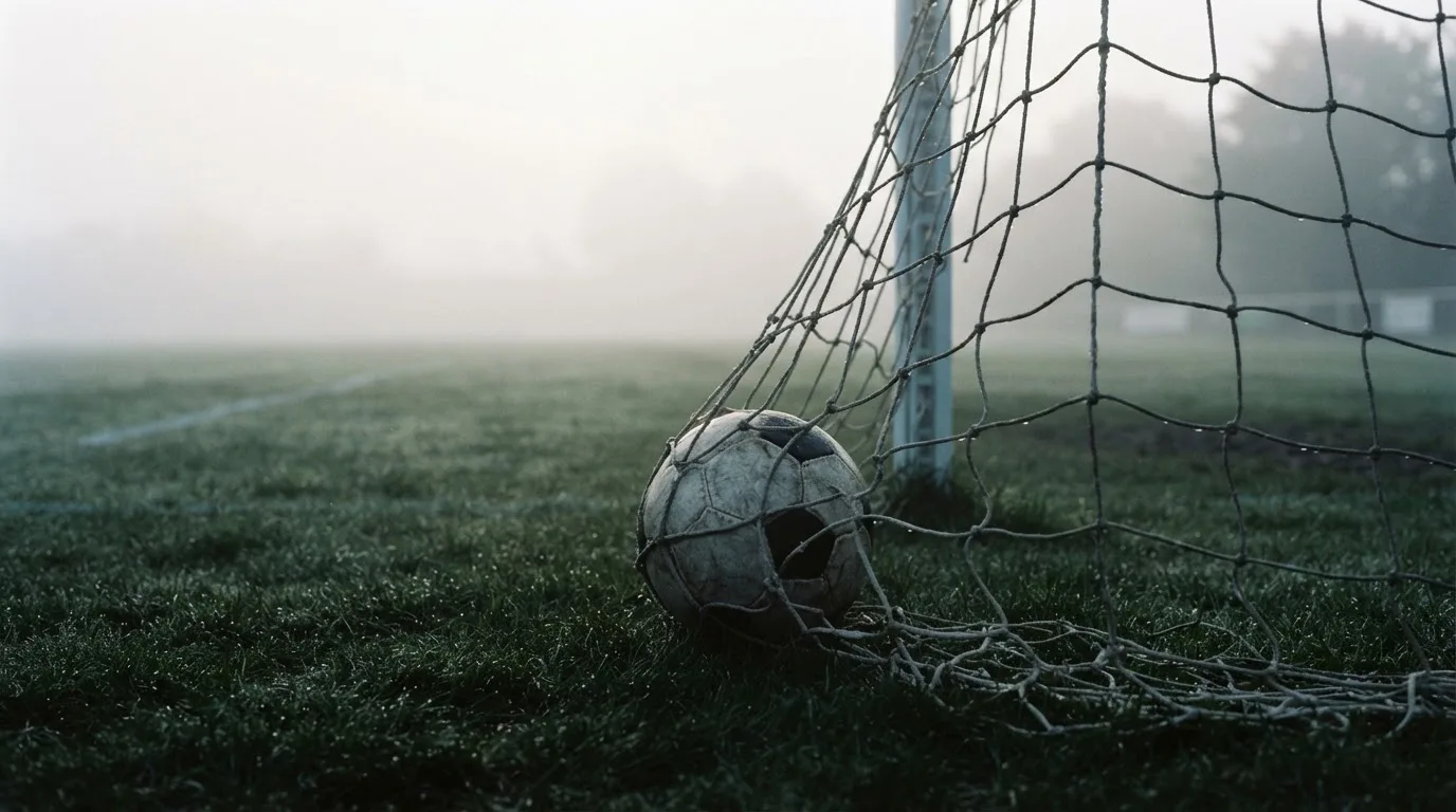 Ein Fussball liegt im Netz hinter einem Tor, weicher Morgennebel hängt über dem Rasen
