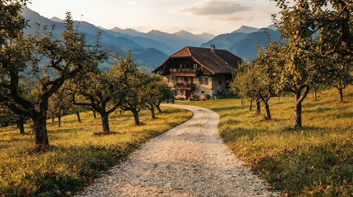 Ein Kiesweg führt durch einen Obstgarten zu einem Bauernhaus mit Holzbalkon, über dem Tal liegt Abendlicht