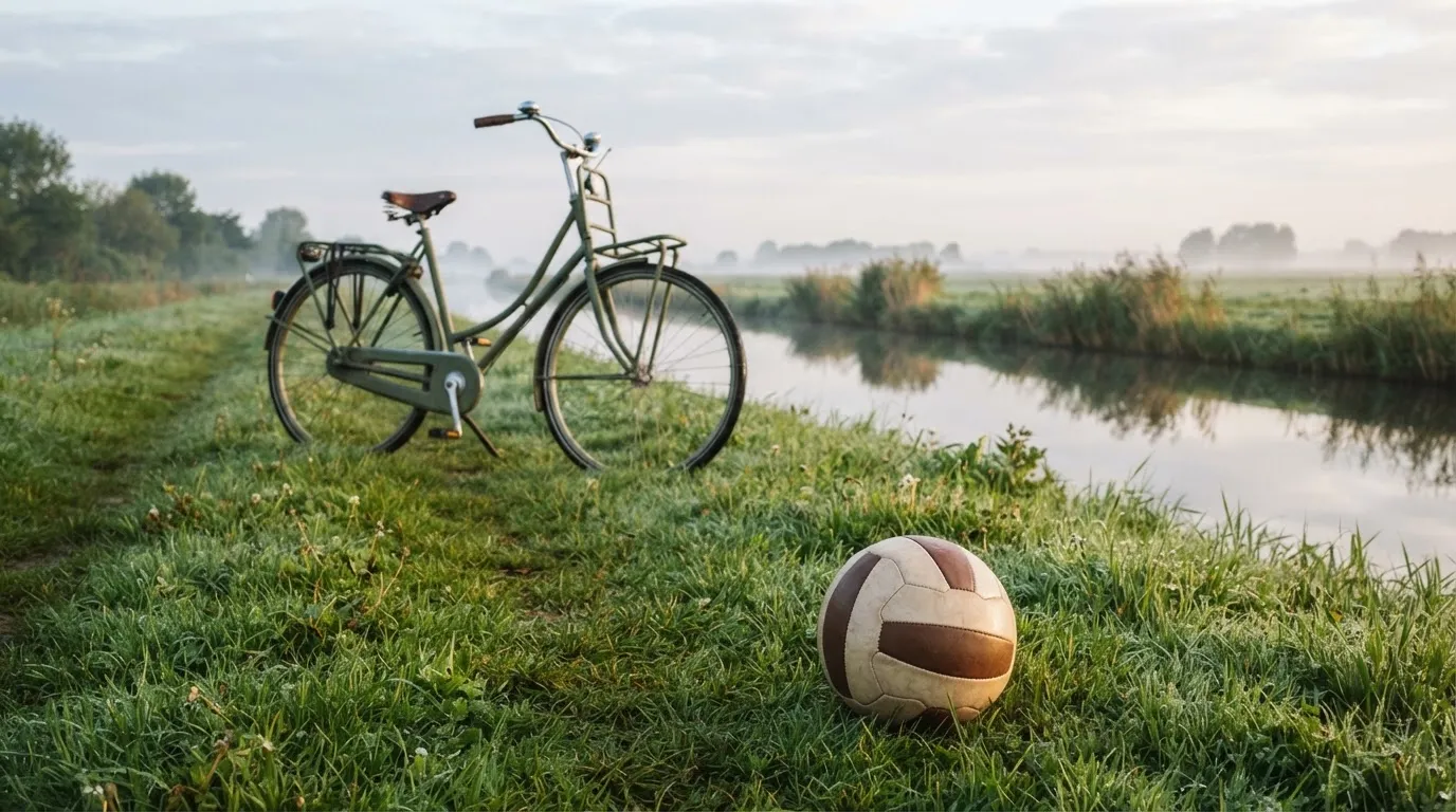 Ein Fussball liegt auf einer Wiese neben einem Fahrrad, im Hintergrund ein Kanal im Morgenlicht