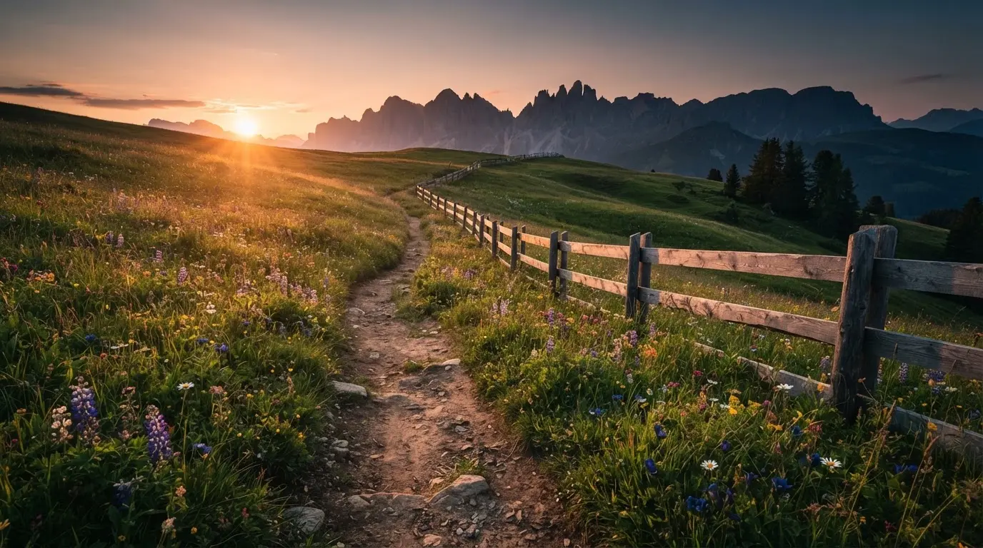 Ein Wanderweg führt durch eine Almwiese im Sonnenuntergang, am Wegrand steht ein Holzzaun