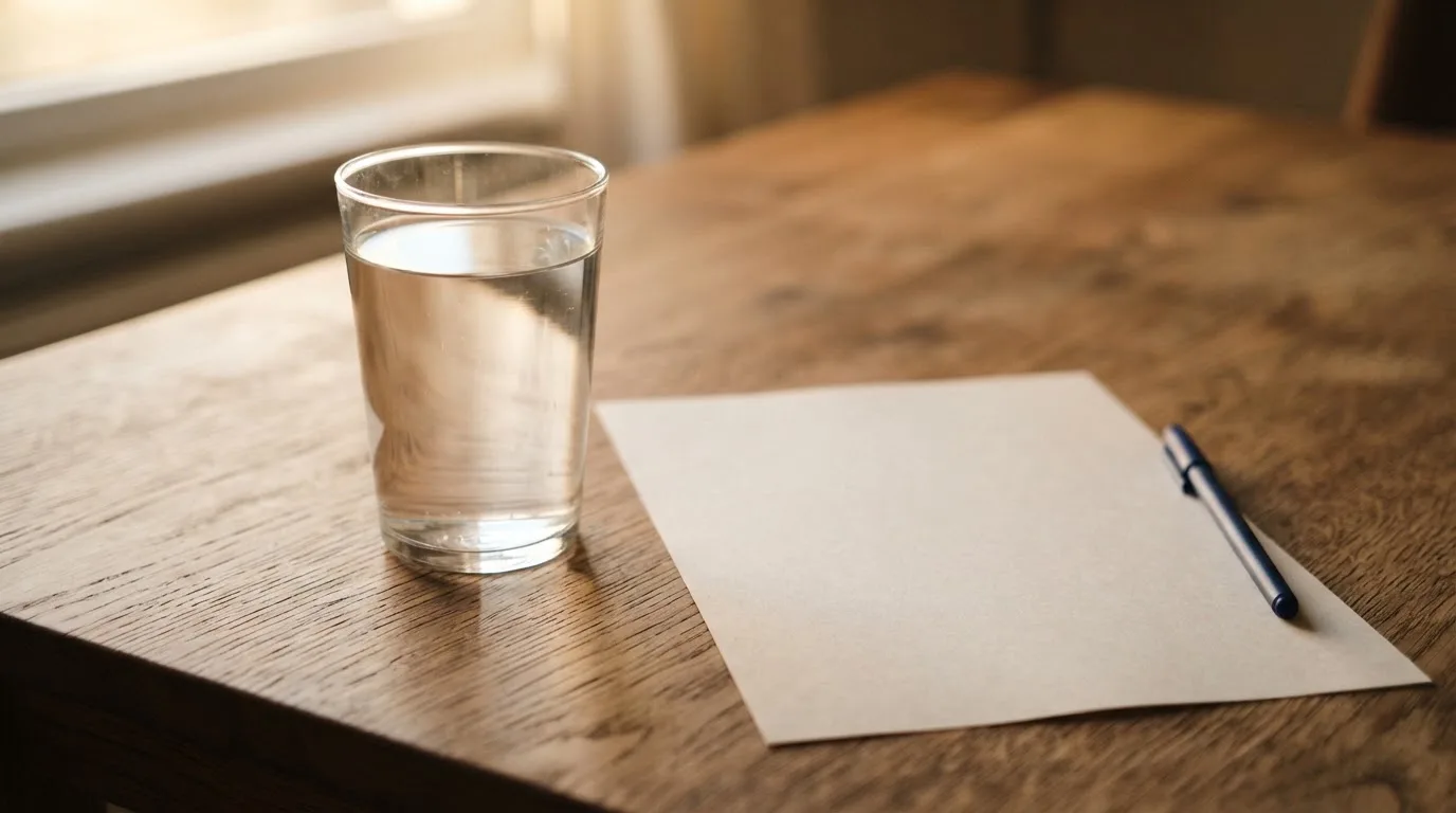 Ein Glas steht bis zum Rand gefüllt auf einem Holztisch, daneben ein Kugelschreiber und ein leeres Blatt Papier im Seitenlicht.