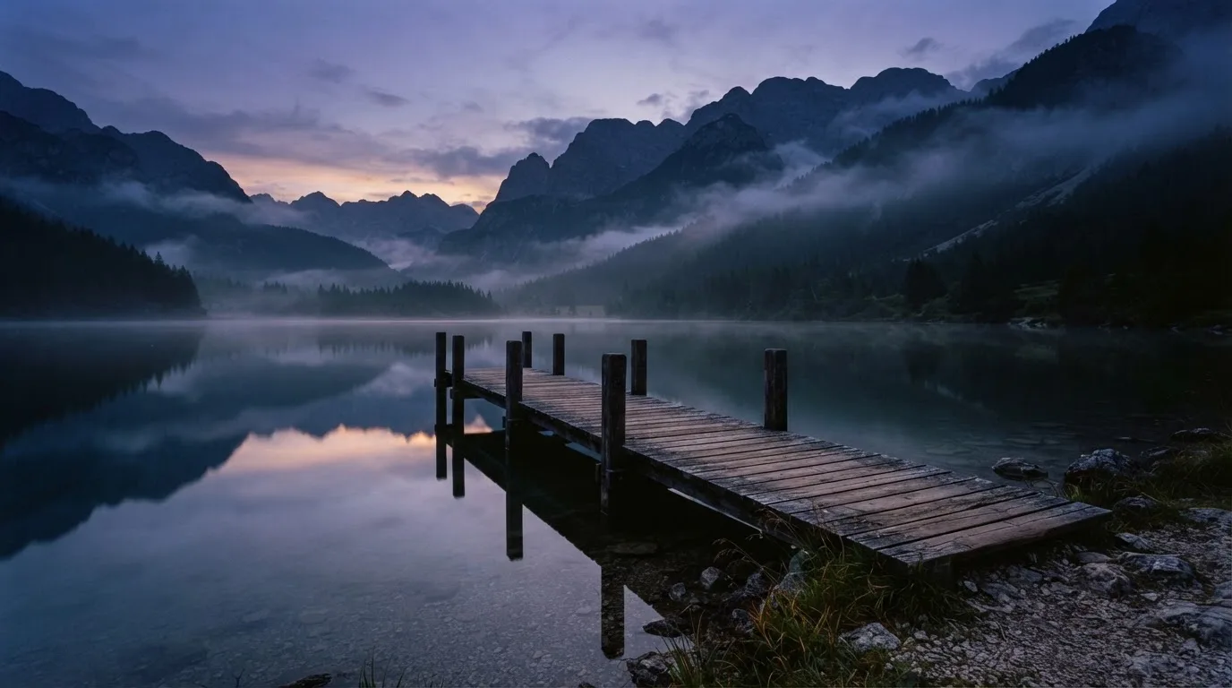 Ein Bergsee in der Dämmerung mit einem leeren Holzsteg, die Wasseroberfläche ist ruhig und Nebel zieht über die Hänge.