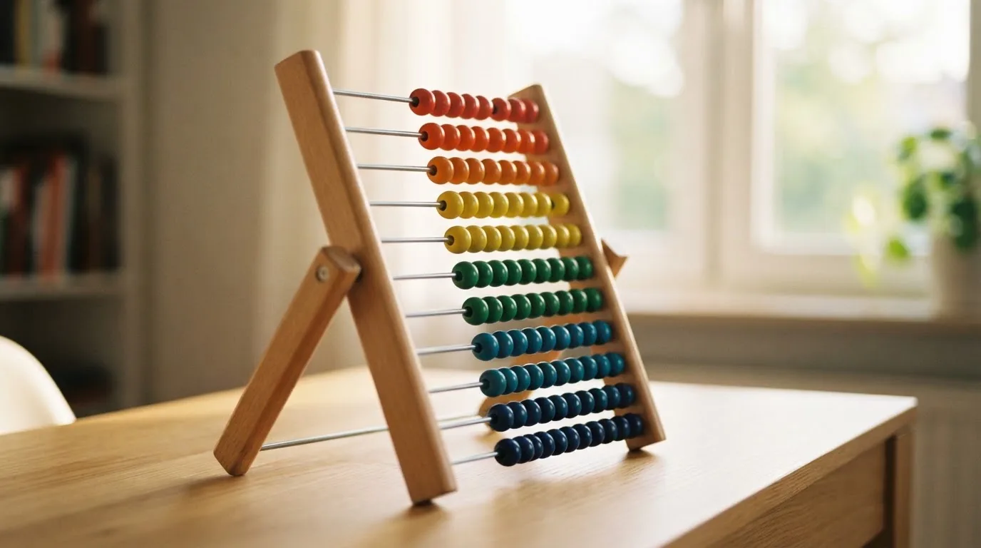 Ein Abakus mit bunten Holzperlen steht auf einem hellen Schreibtisch vor einem unscharfen Fenster.