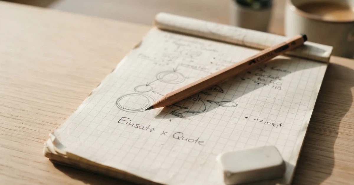Ein Bleistift liegt quer auf einem karierten Papierblock mit handgezeichneten Kreisen und Pfeilen, daneben ein Radiergummi im Seitenlicht.