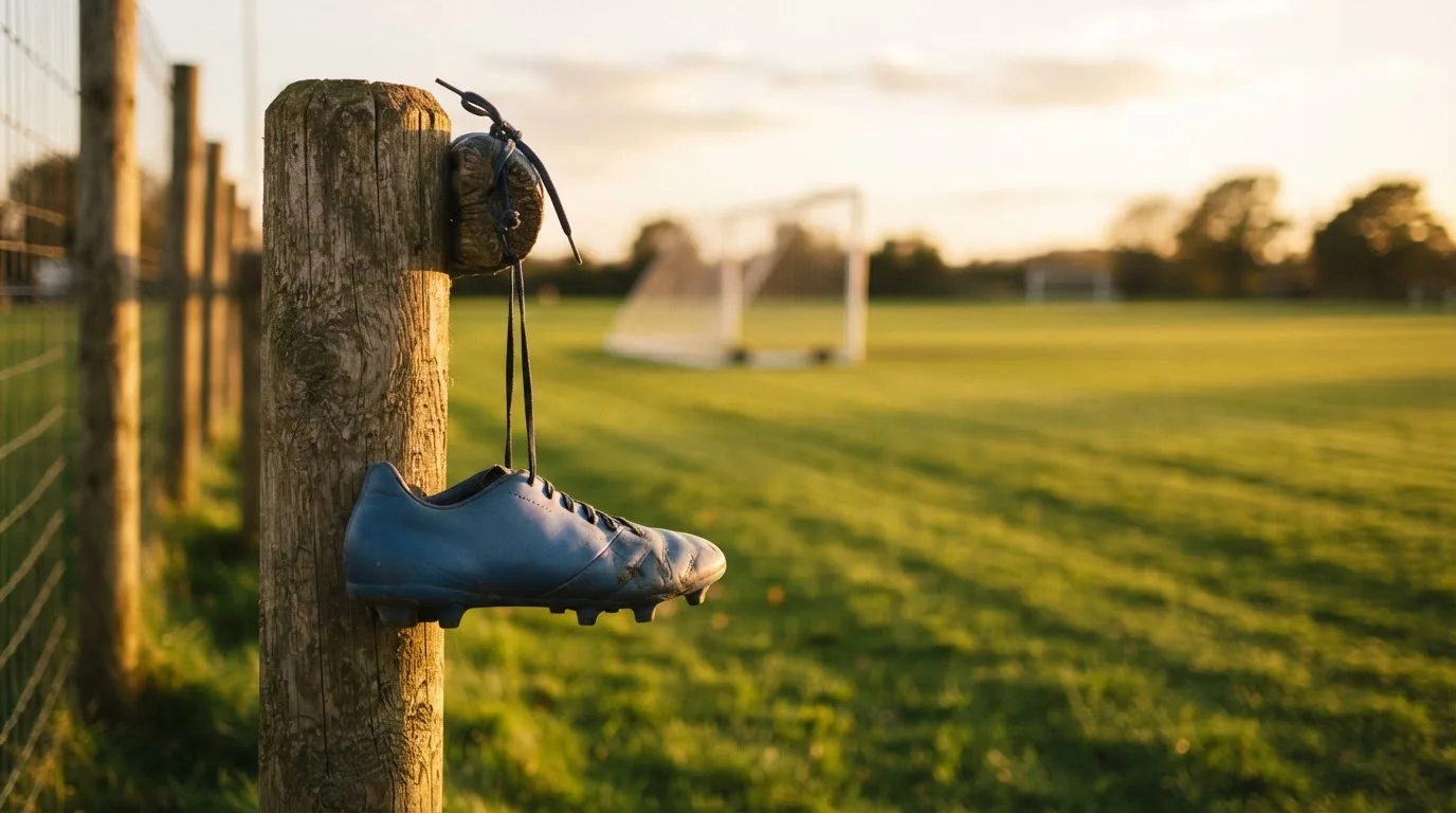 Ein Fussballschuh hängt an den Schnürsenkeln an einem Zaunpfosten neben einem Trainingsplatz im Abendlicht.
