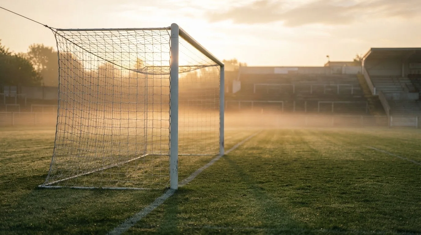 Ein Torpfosten mit Netz steht im Gegenlicht auf einem leeren Fussballplatz, über dem Rasen liegt Nebel.
