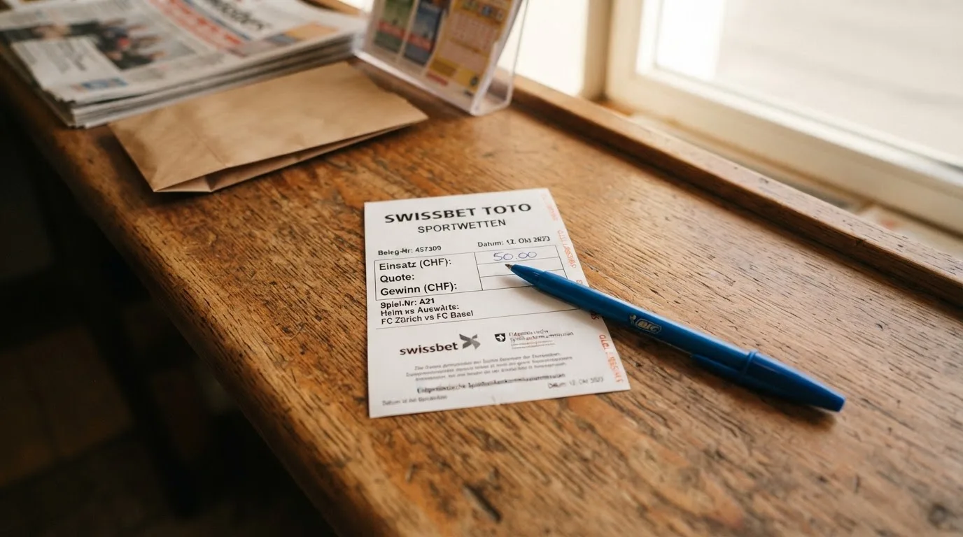 Ein unbeschriebener Papierwettschein und ein Kugelschreiber liegen auf einer hölzernen Ladentheke im Tageslicht.