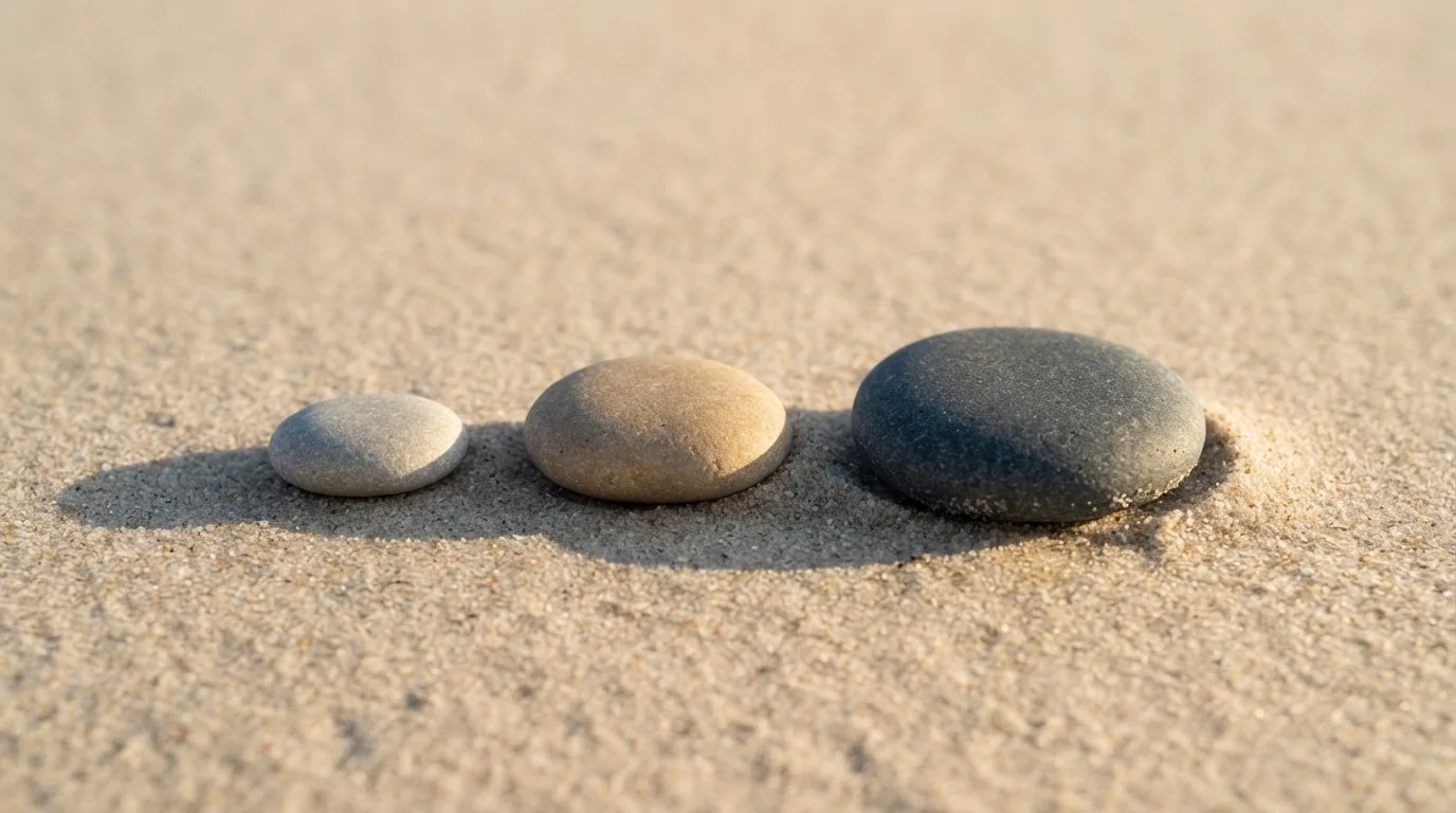 Drei Kieselsteine unterschiedlicher Grösse liegen der Reihe nach auf hellem Sand.