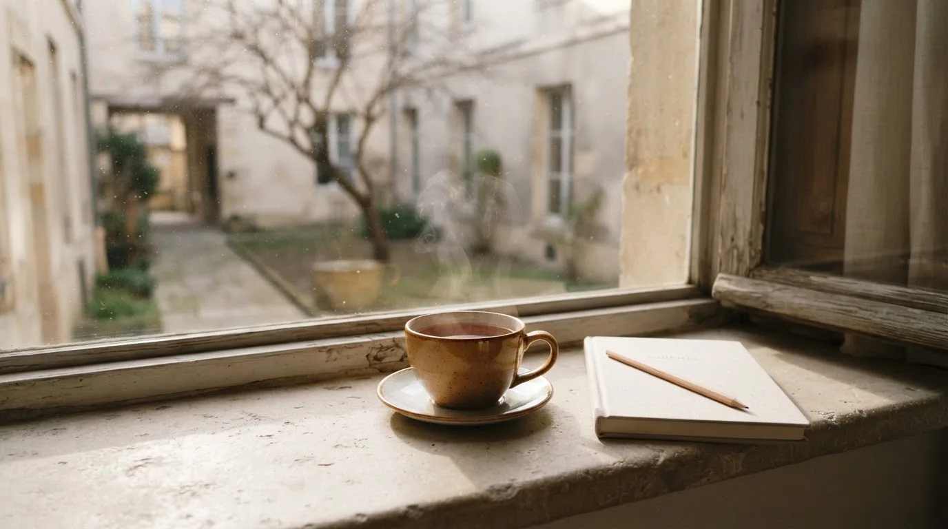 Eine Tasse Tee steht auf einer Fensterbank, draussen zeigt sich ein ruhiger Hinterhof im Morgenlicht.